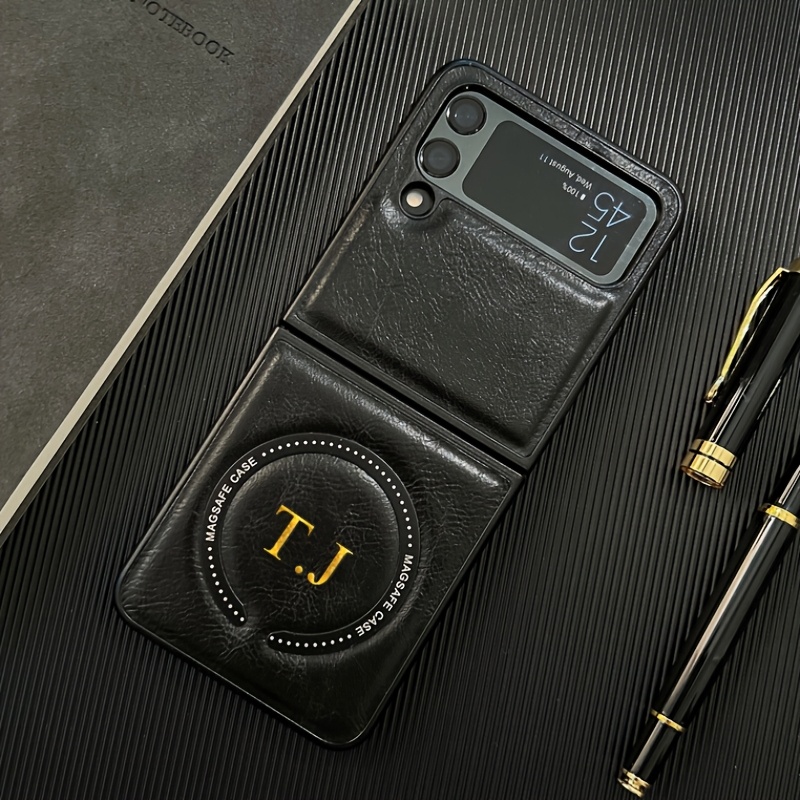 TEMU Phone Case - Personalized Custom Name Folded Magnetic Letter Faux Leather Foldable Phone Case For For Galaxy Zflip 6 5 4 3 Shockproof Protective