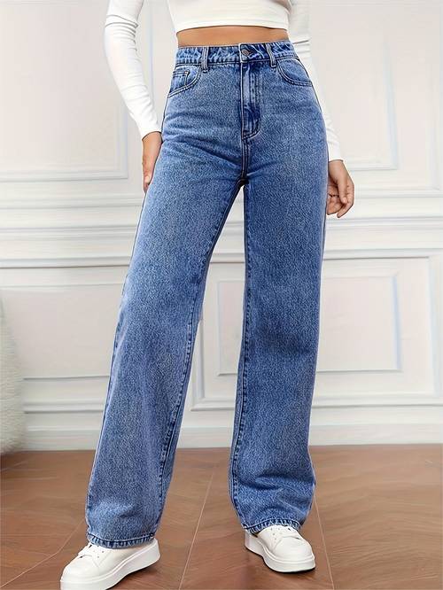 womens high waist straight leg jeans casual light blue denim wide leg slash pockets zip fly machine washable wear