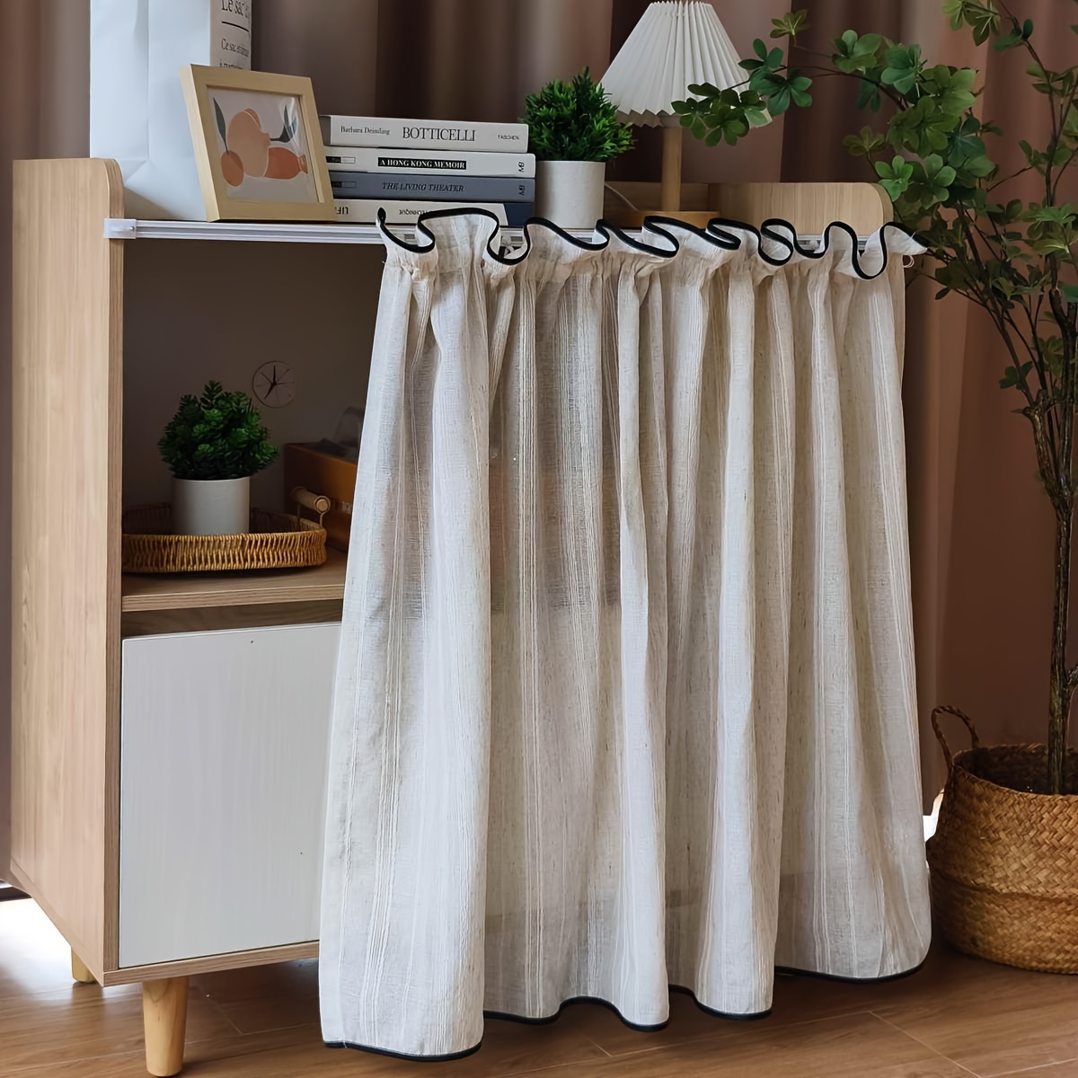 1pc Simple Striped Short Curtain, Linen Fabric Sheer Half-curtain For Kitchen, Cabinets, Small Windows, Loft Partition, Pull Pleated With Hanging Hooks At Top
