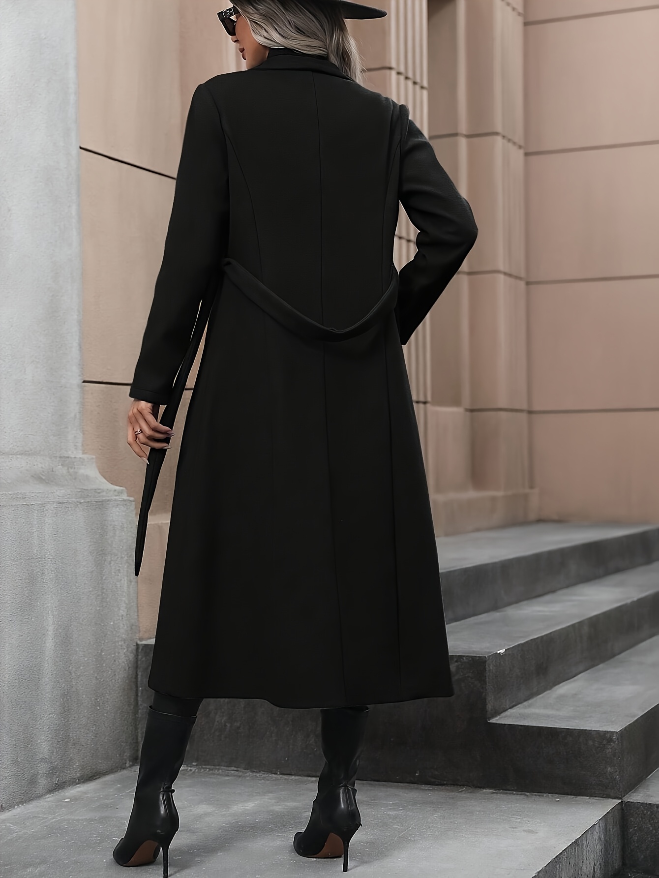 elegant long trench coat belt polyester solid color overcoat