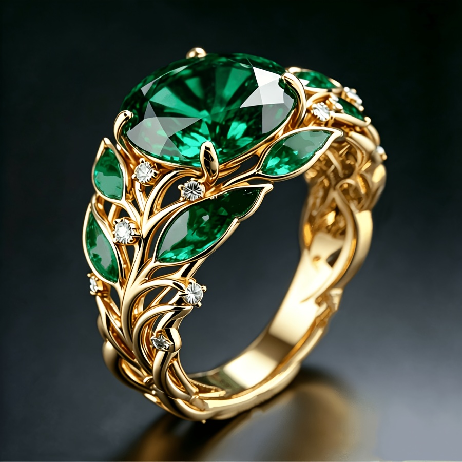 TEMU Bohemian Women's Fashion Ring, Set With Green Oval Synthetic Zirconia Wedding Band Engagement Ring, , And Very Suitable For Daily Gatherings,