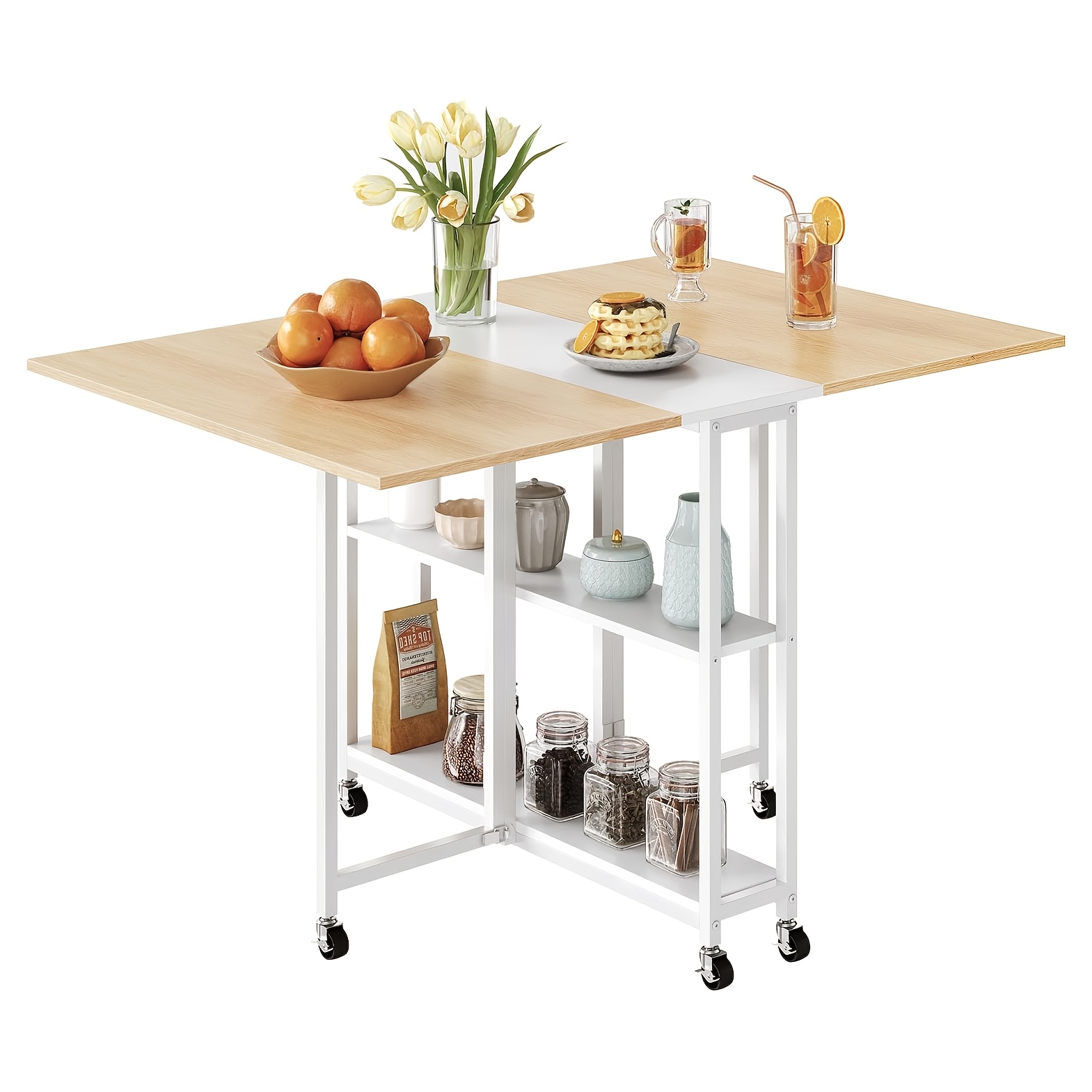 TEMU Mesa de comedor plegable con ruedas de 47.4 pulgadas, mesa de cocina extensible de 120.5 cm, con estante de almacenamiento, mesa de comedor