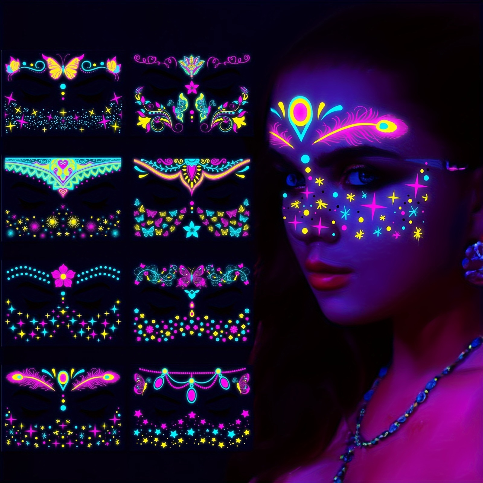 

Uv Neon Floral Glow In The Dark Temporary Tattoos Stickers - 8pcs, Unscented Easy Transfer Face & Body Paint Tattoo Decorations, Ideal For Adults, Girls, Festive, Bar & Party Supplies