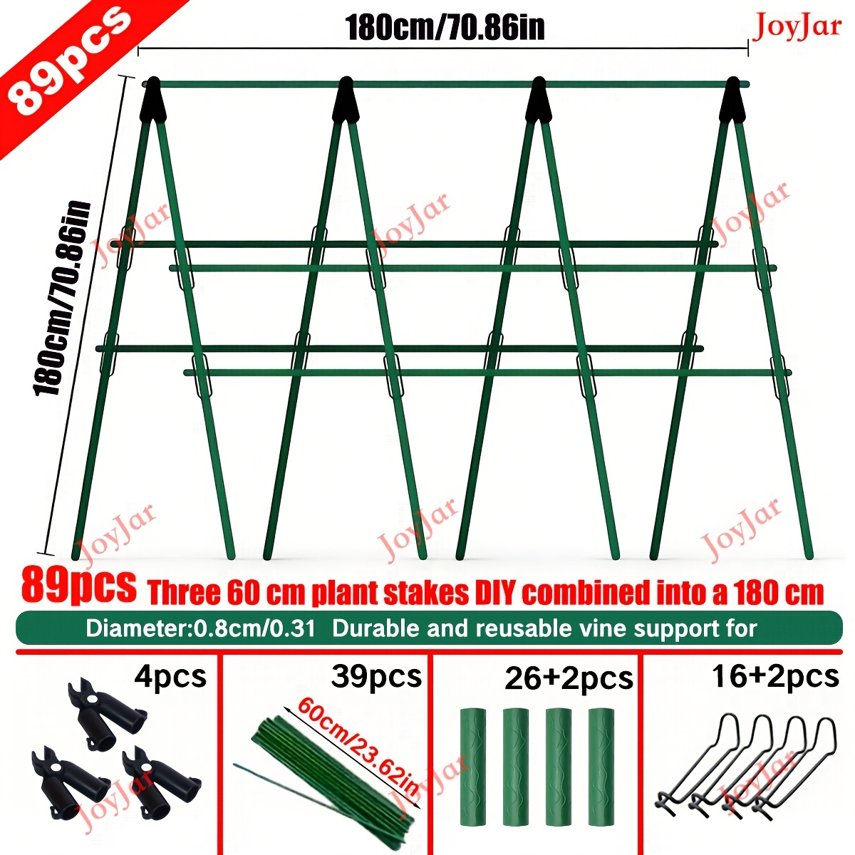 E-shop 89-teiliges Metallkern-Gartenstützstab-Set zum Selberbauen – 180 cm Höhe, Pflanzenständer, Stangenlänge 60 cm, Durchmesser 8 mm – Inklusive 36