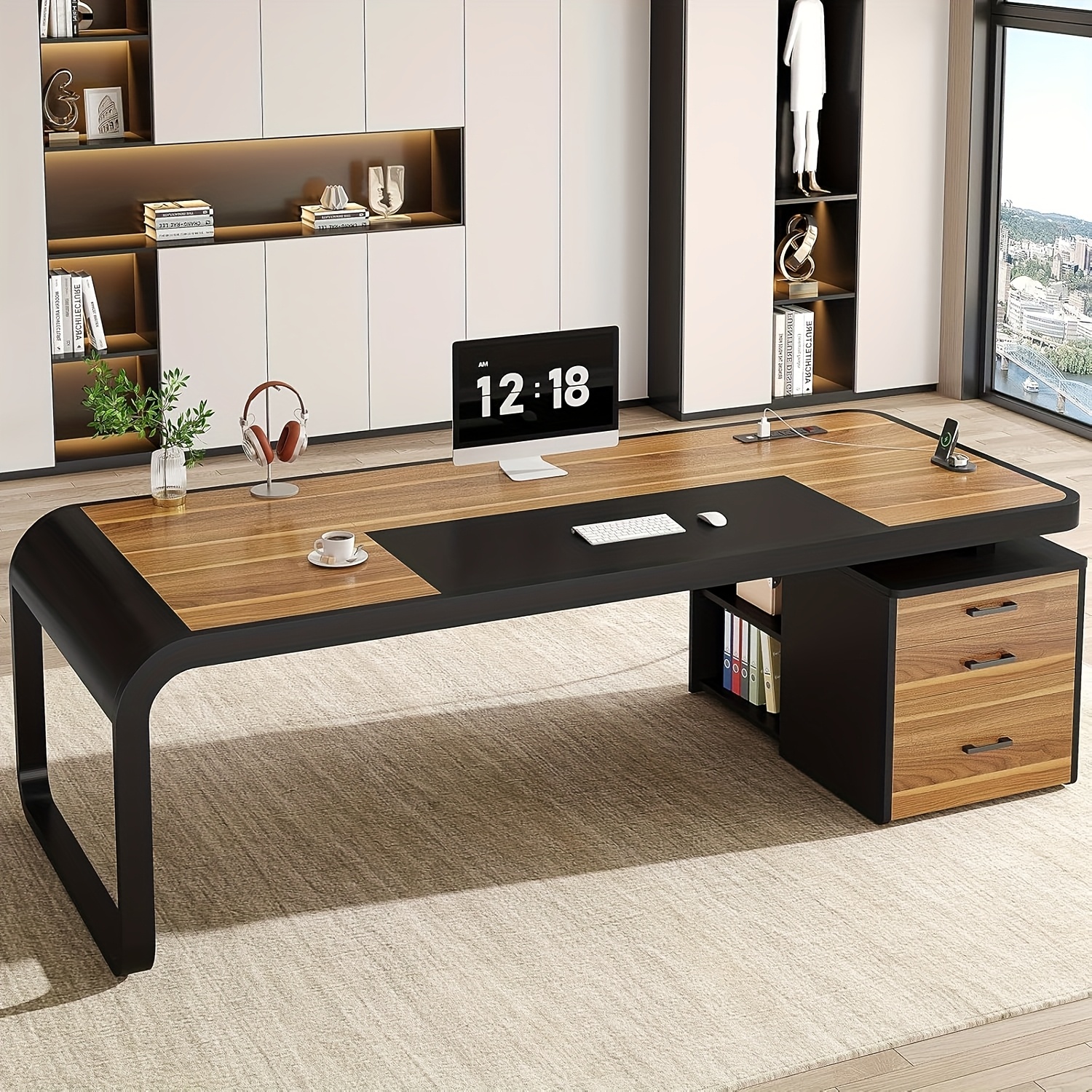 70.9" Vintage Executive Desk with File Drawers