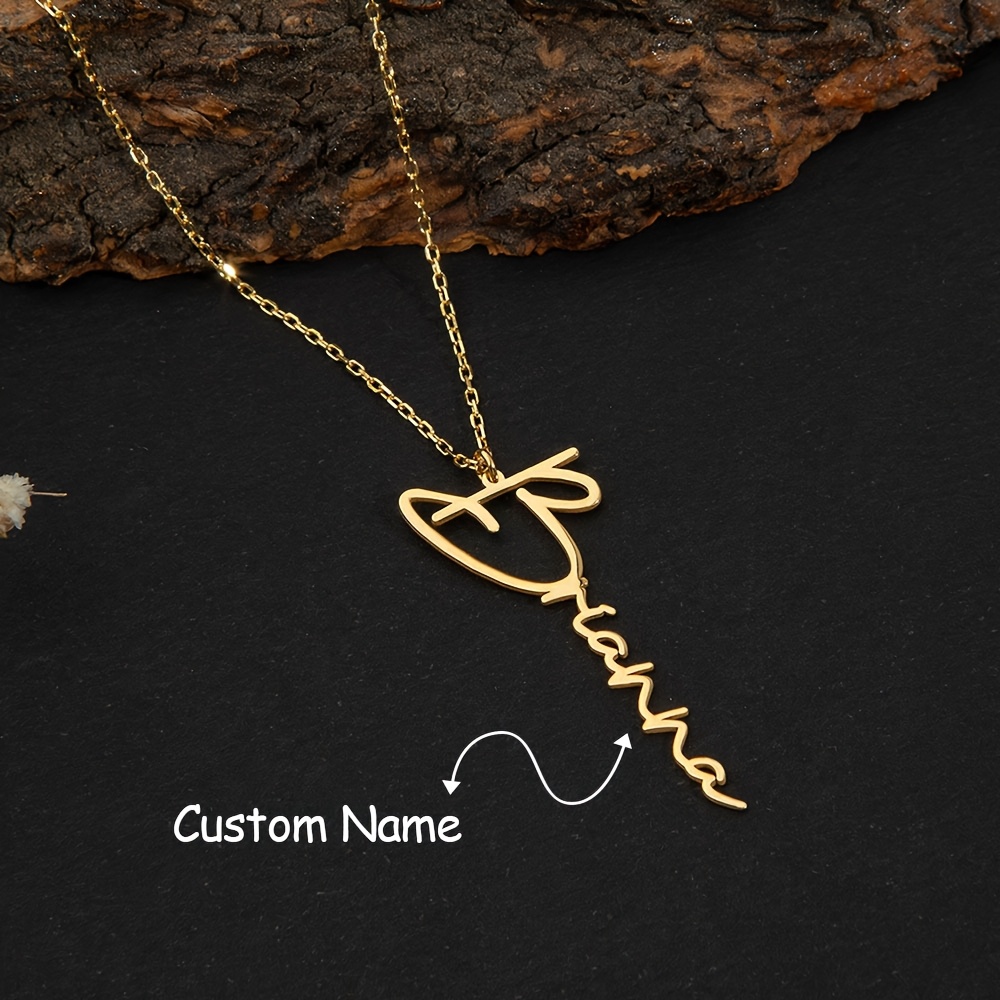 TEMU Custom Women's Fashion Pendant Necklace Personalized Vertical Signature Pendant Customizable Content 18k Golden Plated 304 Stainless Steel