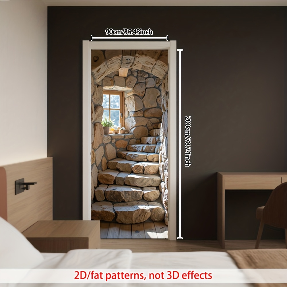 1pc 2d Flat Stone Steps Rustic Style Pvc Door Sticker - Design By Detachable Self-adhesive For Doors And In , Outdoor Areas, And Hospitality Settings, 2d Flat