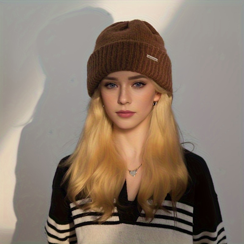 

Women's Winter Monochrome Beanie, Thick Warm Knit Hat, Versatile Wool Blend Ear Protection Cap
