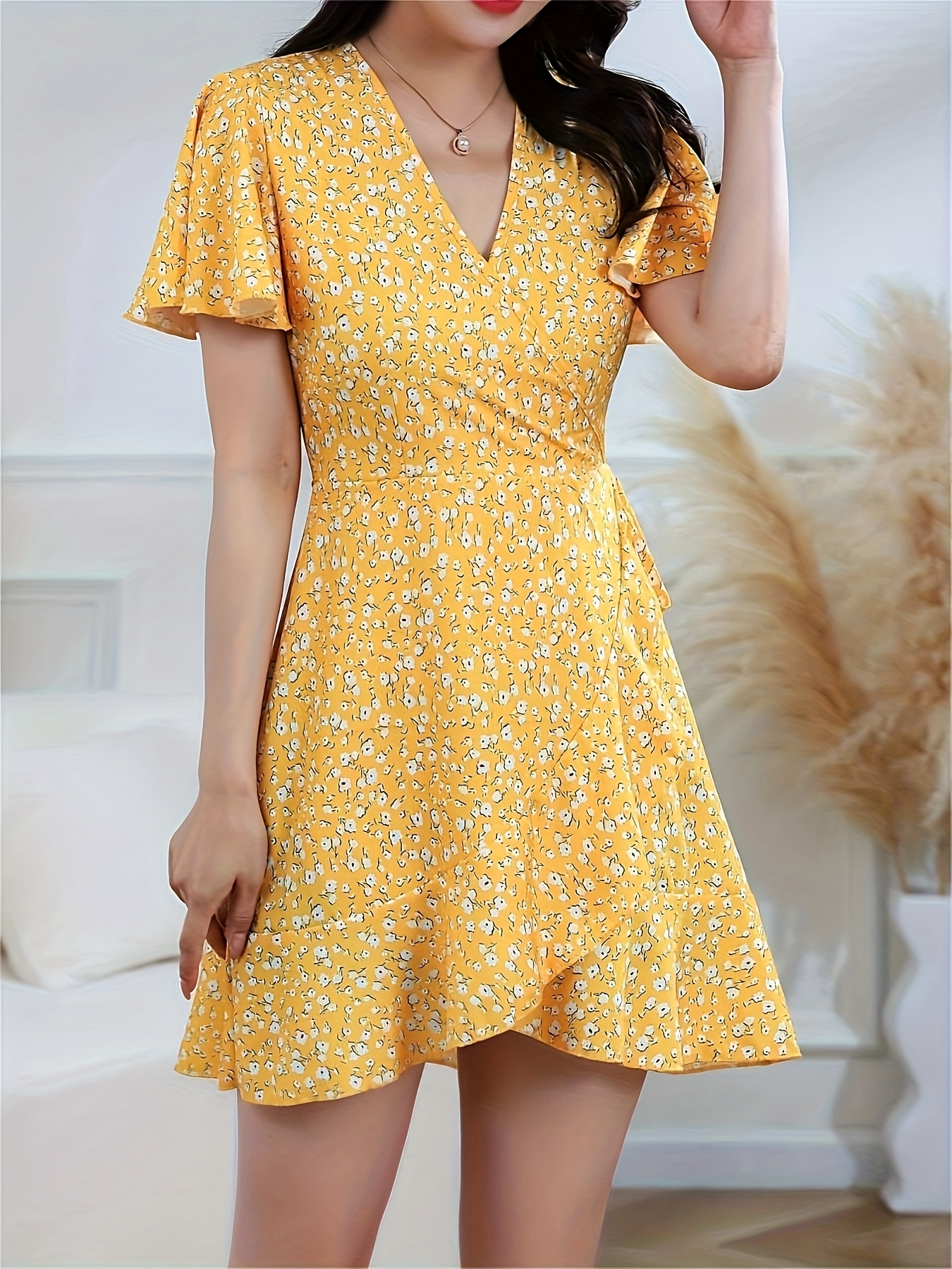 elegant floral print midi dress women chic cross neckline Temu