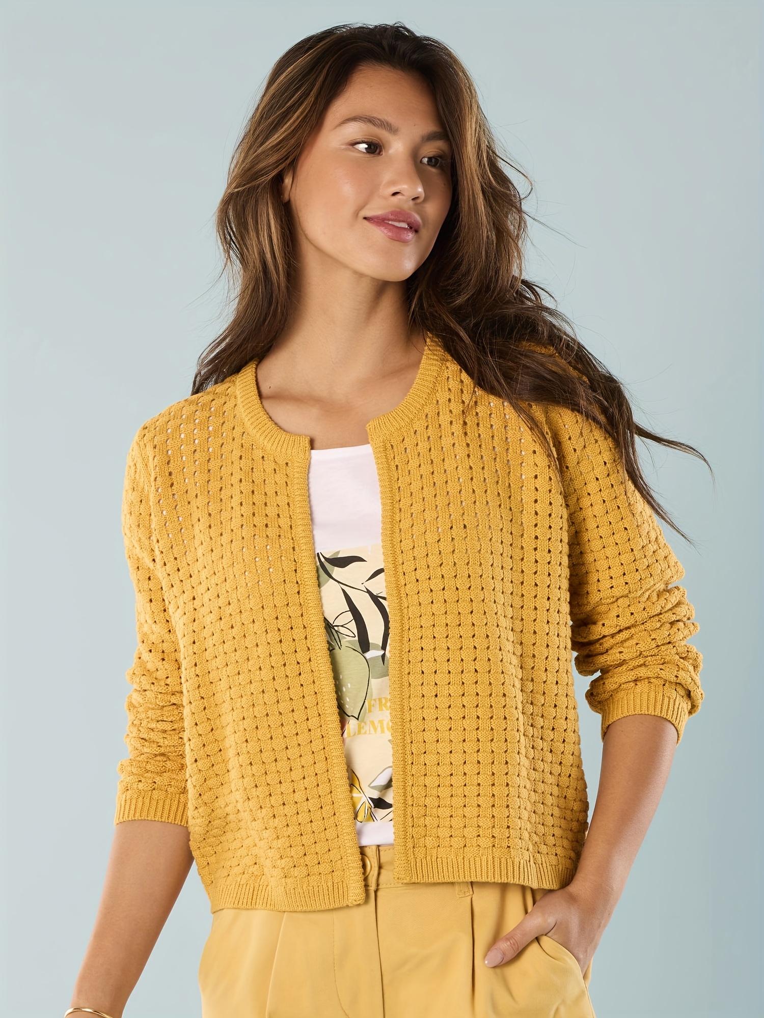 womens casual long sleeve cardigan mustard yellow solid Temu