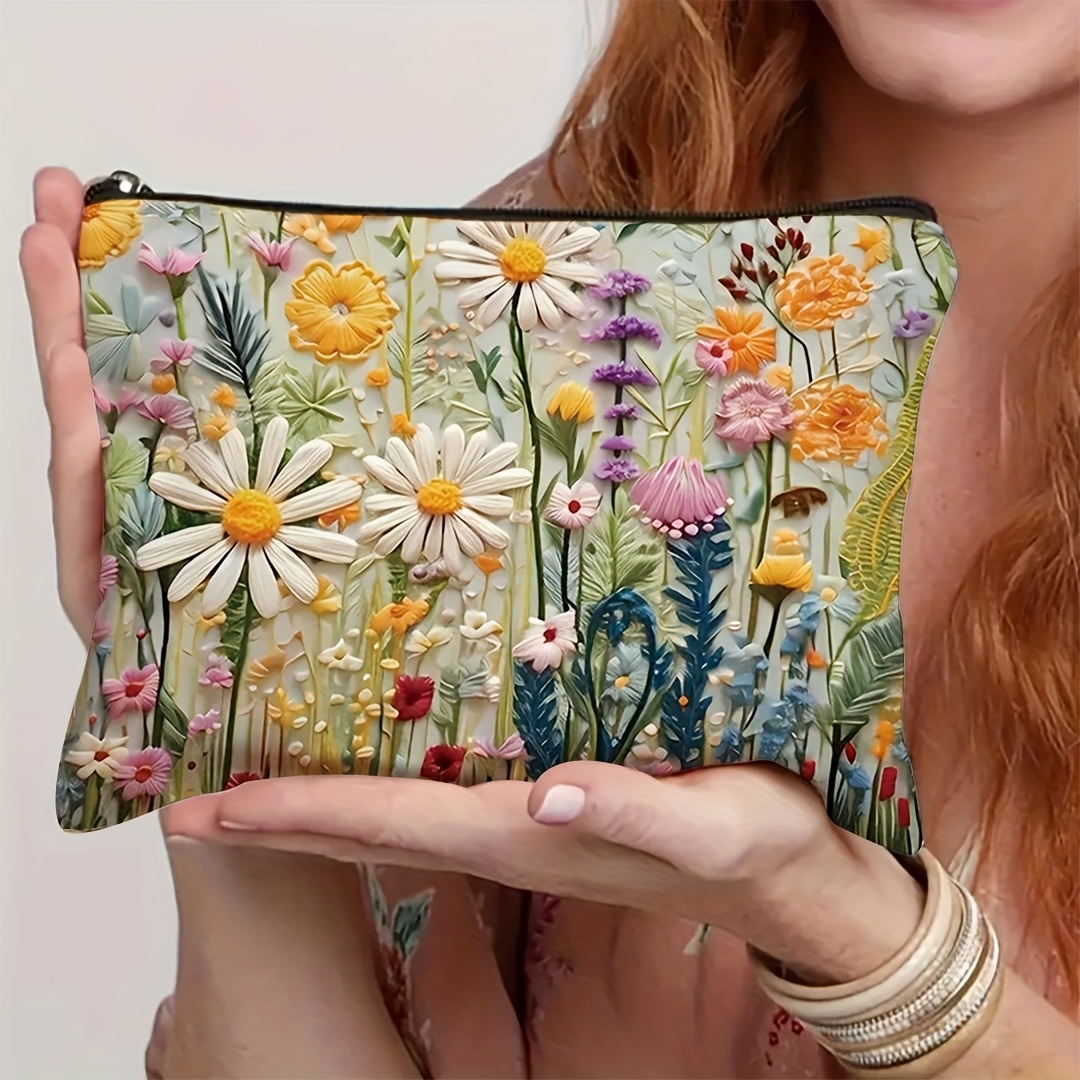 1pc   and unique flower makeup bag vintage flower makeup bag daisy flower makeup bag cosmetics storage bag portable toiletries storage bag travel makeup bag   travel vacation   camping and outdoor use