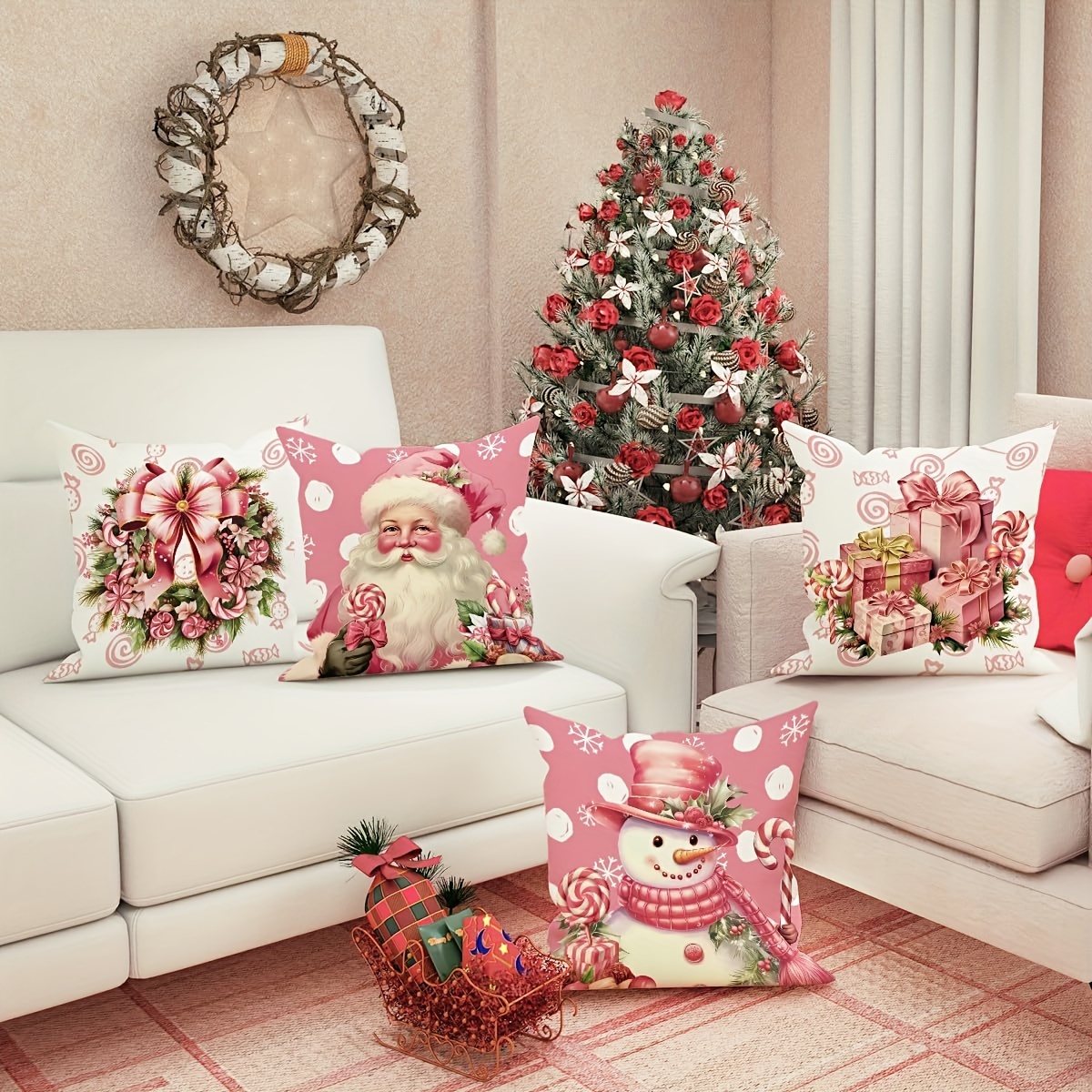 

4pcs Christmas Pillowcases 18x18" - Pink Santa & Snowman Wreath Design, Decorative Outdoor & Sofa Cushion Covers, Zip Closure, Machine Washable Polyester, Festive Home Decor Gift Set (no Insert)