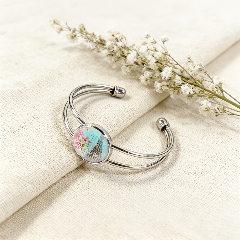 Adjustable Open Bangle with Round Time Gemstone Inlay, Eiffel Tower Design