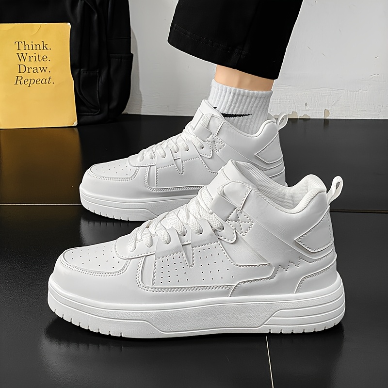Men'S High-Top Lace-Up Casual Sneakers - Lightweight, Durable, Fashion Street Shoes with PU Upper, MD Sole, EVA/Fabric Insole, Round Toe for Hiking, Running & Casual Attire, White, Hiking Shoes