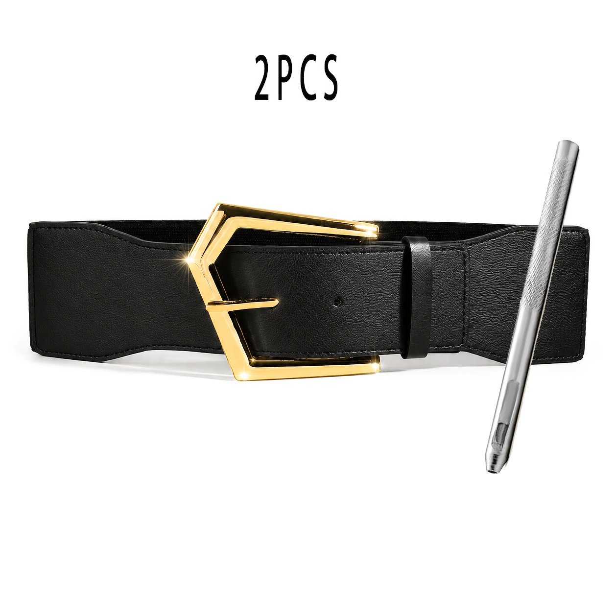 TEMU 2pcs Set (belt + Hole Puncher) - Black And Golden Women's Wide Stretch Waist Cincher Belt For Coats, Suits, Dresses - Waist-reducing Decorative