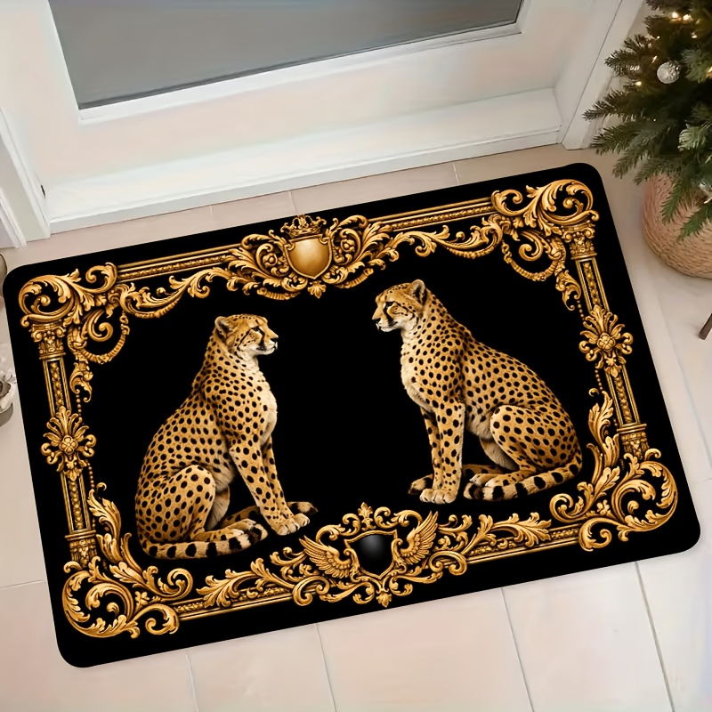 TEMU 1pc European Luxury Golden Carved Leopard Flannel Mat Entrance Door Bedroom Bedside Bathroom Non-slip Decorative Foot Mat Home Entryway