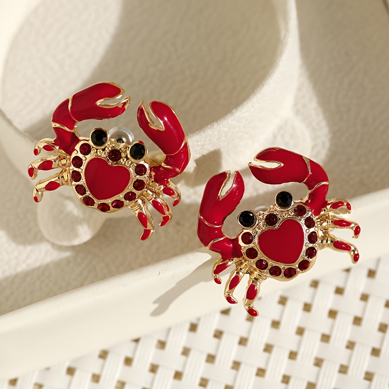 Image of Everyday | Red Heart Crab Earrings - Cute 3d Animal Design With , Alloy, Stainless Steel Posts, Ideal For Beach And Daily Wear, Crab Decor