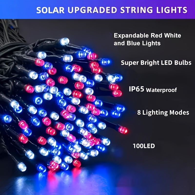 TEMU Day String Lights, Solar Lights, American Flag Lights, 100led Blue White Red String Lights, Outdoor Patriotic Ornaments, Day, National Day, July