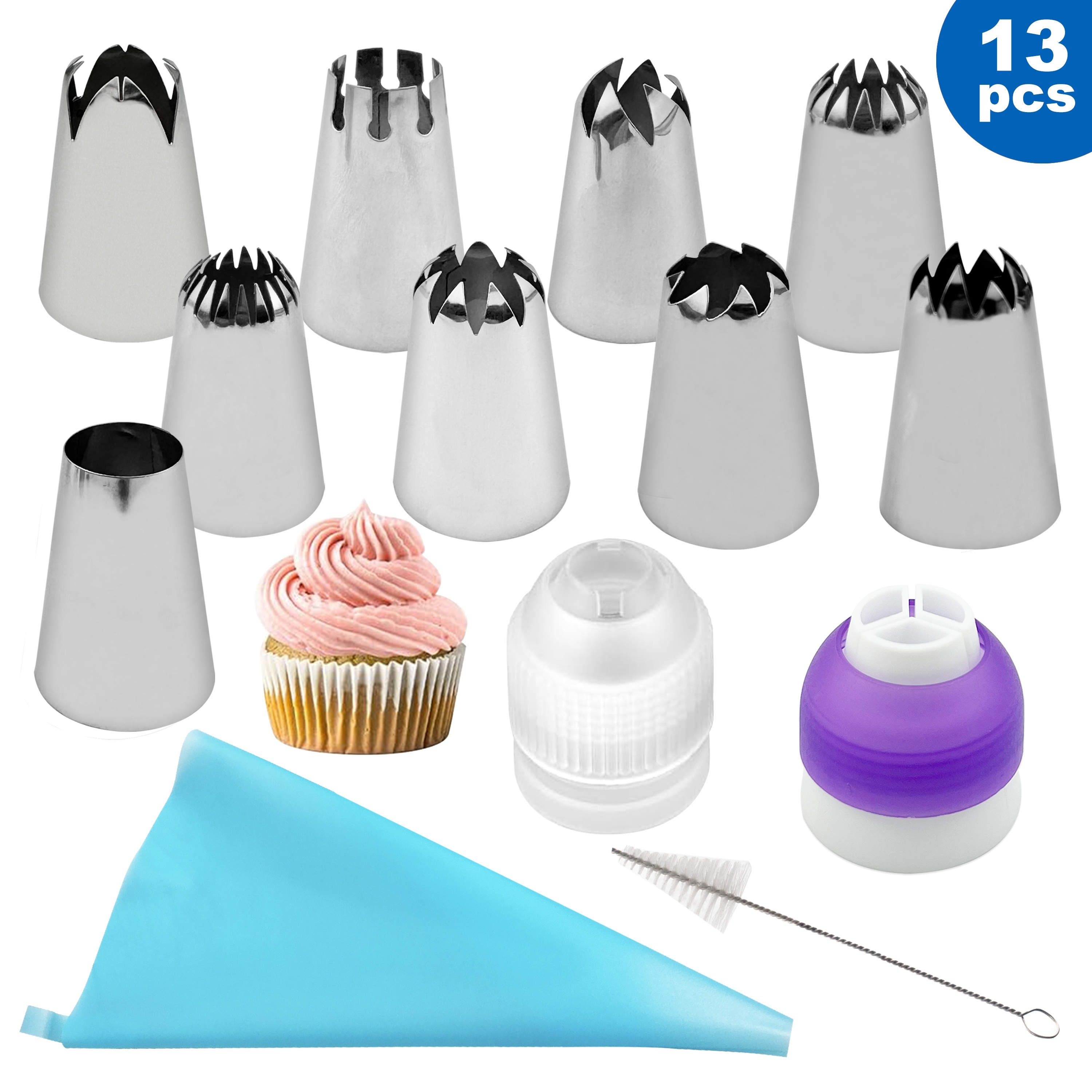 

13pcs Stainless Steel Cake Decorating Set With Reusable Piping Bag - Large Cakes, Cupcakes & Cookies - Ideal For Holidays Including Halloween, Christmas, Easter, Thanksgiving