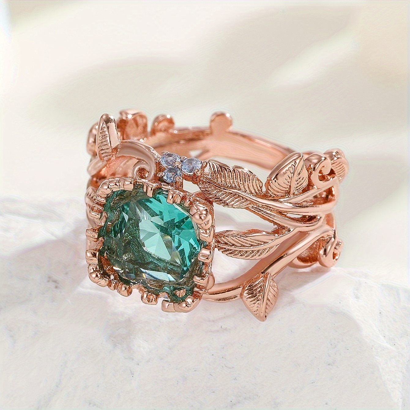 Leaf Shaped Copper Ring with Sparkling Synthetic Zirconia