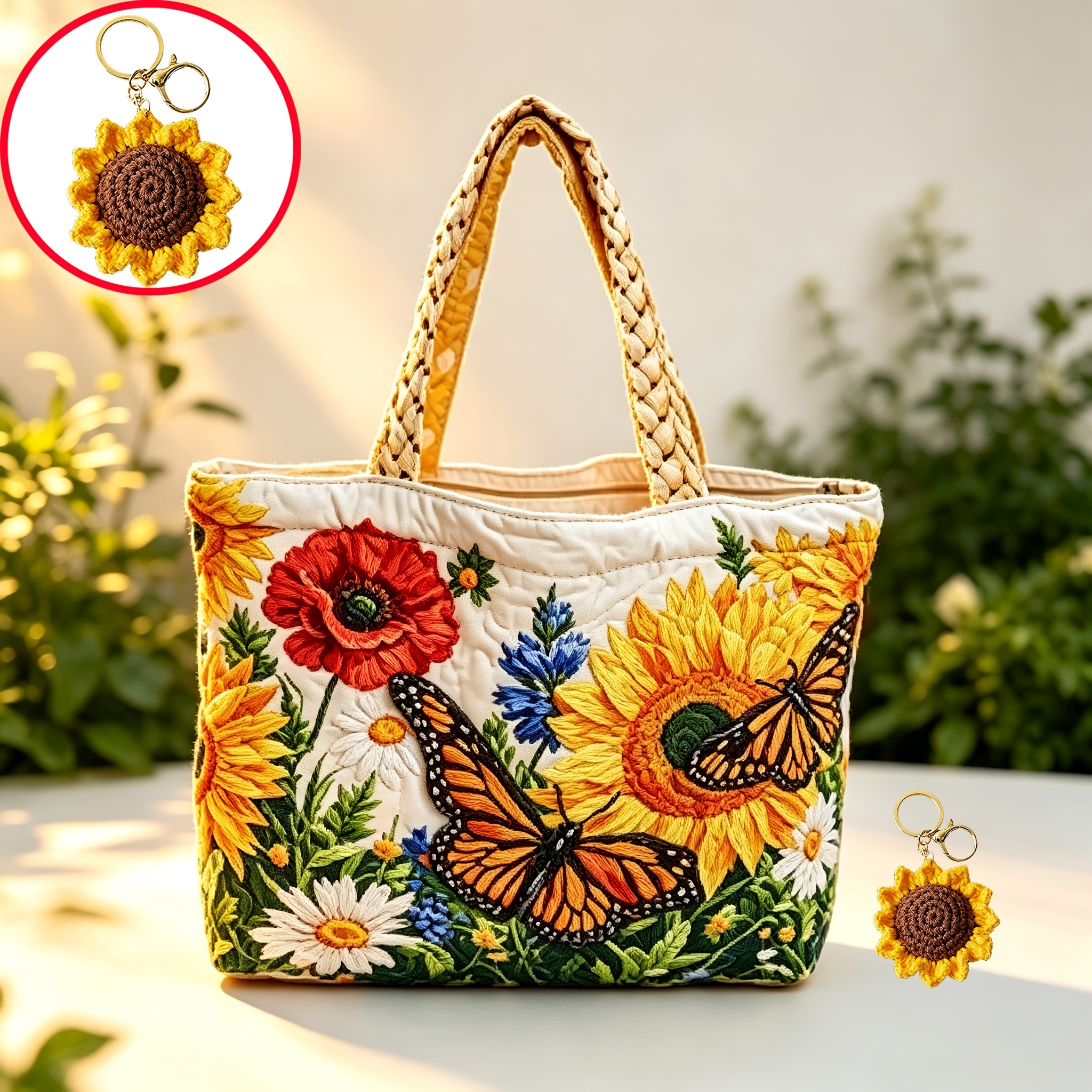 TEMU 2pcs Quilted Tote Bags With Sunflower Keychain Gift, 2d Flat Printed Sunflower Floral Pattern, Large Capacity Soft Fabric , Casual Handbag For