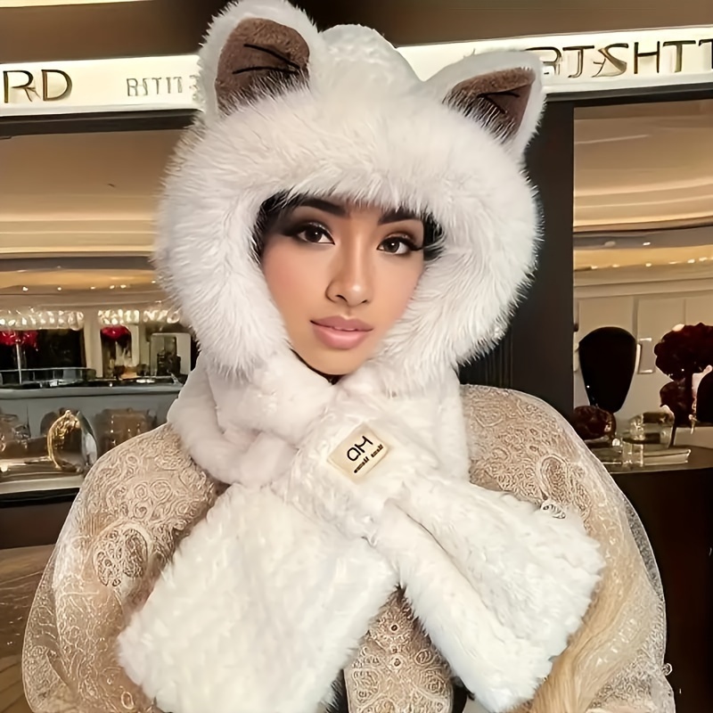 

Women's Fox Ear Hat Scarf Integrated Winter Plush Furry Animal Neck Warmer Windproof , Best For Christmas