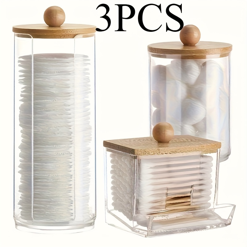 Image of 3-pack Swab Holder, Bathroom Dispenser Storage Box For Balls, Swabs, Round Pads And Dental Floss Sticks, Clear Storage Jar With Lid, Household Organizing And Storage Items
