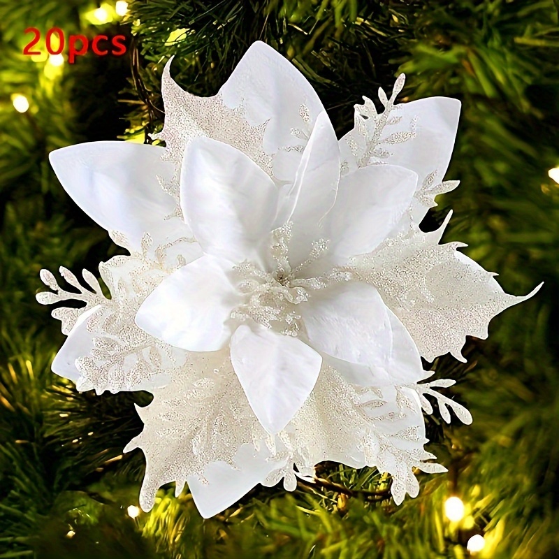 

Christmas Artificial Flower Decoration 5.5 Inches (about 14 Centimeters) Christmas Tree Garland Decoration 20pcs Of Glitter Flowers Flip Decoration Christmas New Year Wedding Party Decorations (white)