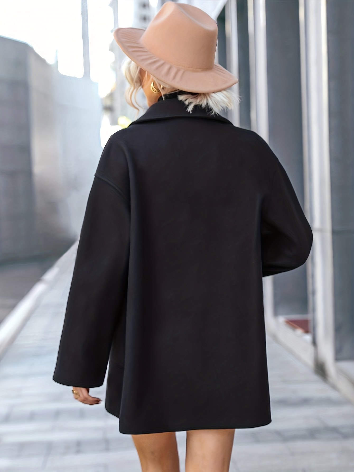 womens elegant winter coat double breasted   silhouette with notch lapel collar   loose fit long sleeve outerwear in navy non stretch fabric for fall winter formal everyday outfits winter coats seasonal fashion Product details 1