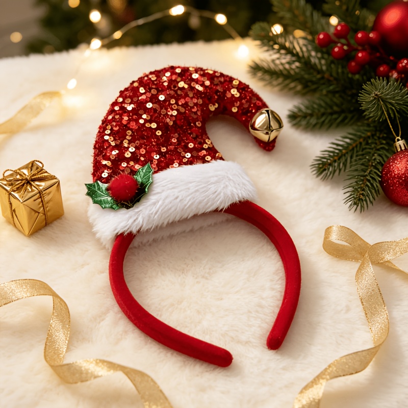 TEMU Serre-tête Bonnet d'Elfe Pailleté de Noël avec Clochette, Bandeau de Costume de Noël Décoré de Houx et , Accessoire de Cheveux pour Femme et Jeu