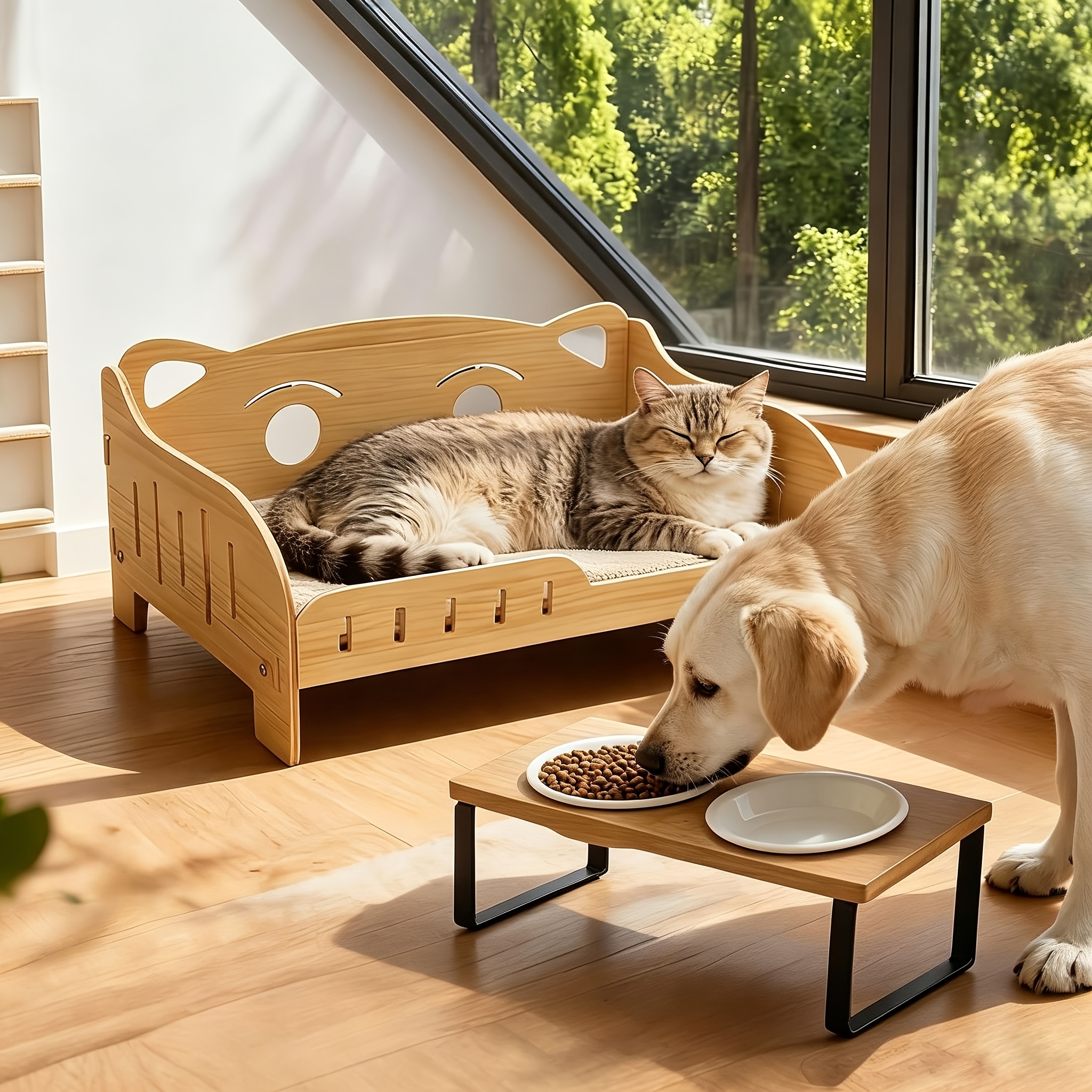 Image of Set Of 1 Cat Bowls Raiser - Ceramic Feeding Bowls Cats With Bamboo Bowl Raiser - 300ml Cat Feeding Bowl Raised Cat Bowl