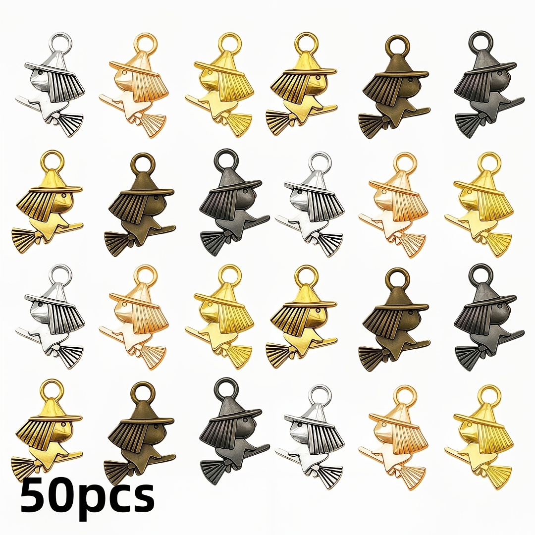 TEMU 50pcs Of Vintage Broom Pendants - Alloy Brooms With Handles, Suitable For Jewelry Making, Necklace And Bracelet Crafting Additions, Available In