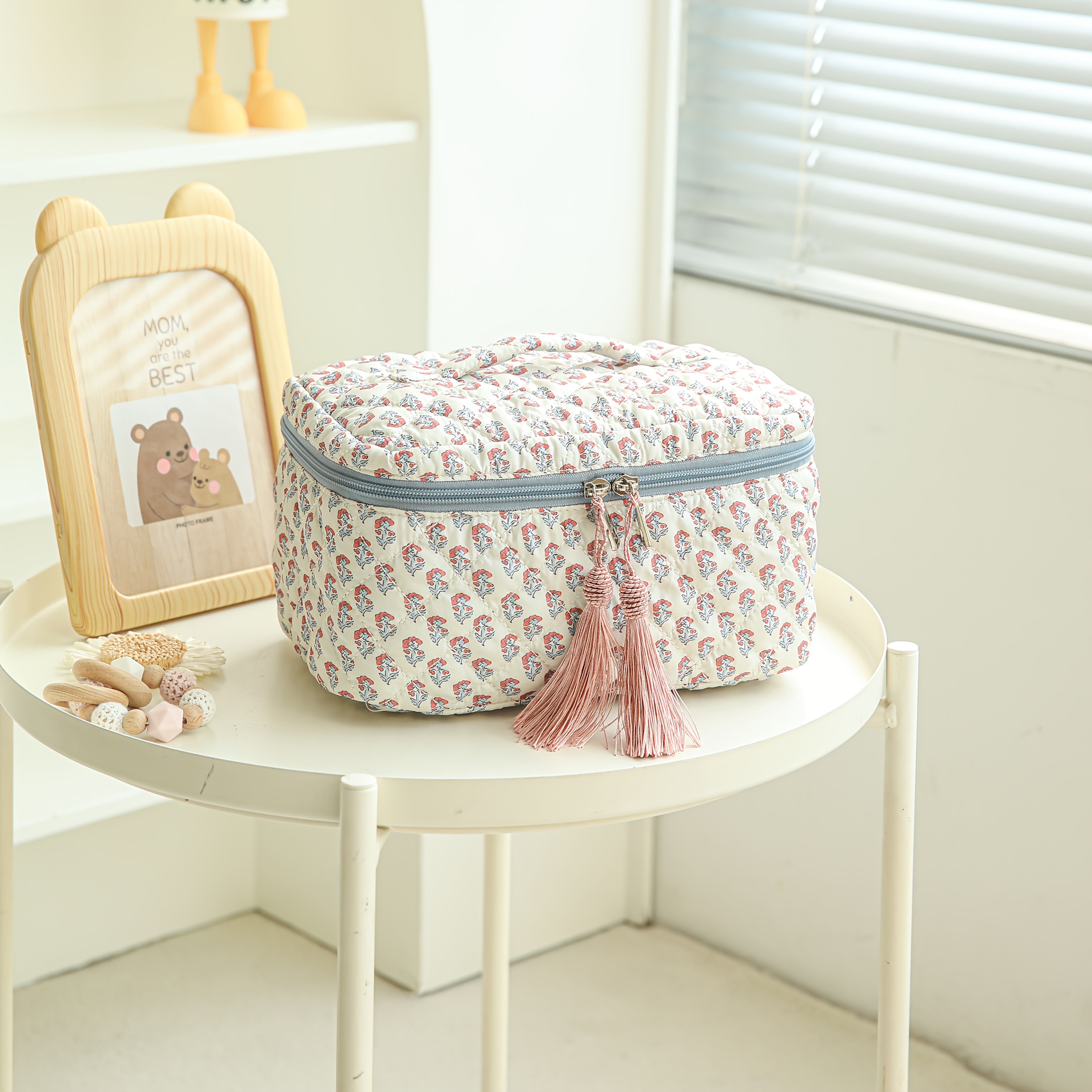 TEMU Gentle Floral Quilted Parent Bag Tote, Storage Organizer With Tassel Zipper, Portable Handbag For Storing Teethers, Pacifiers, And Personal