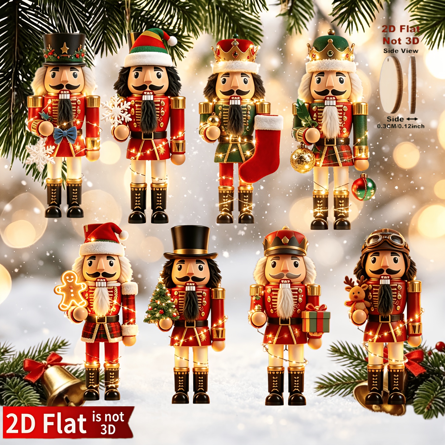 TEMU 2d Flat, 8pcs Pack 8pcs Nutcracker Wall-mounted Suitable For Christmas Tree Ornaments With Santa Hat Decorations, Artificial Hanging Nutcracker