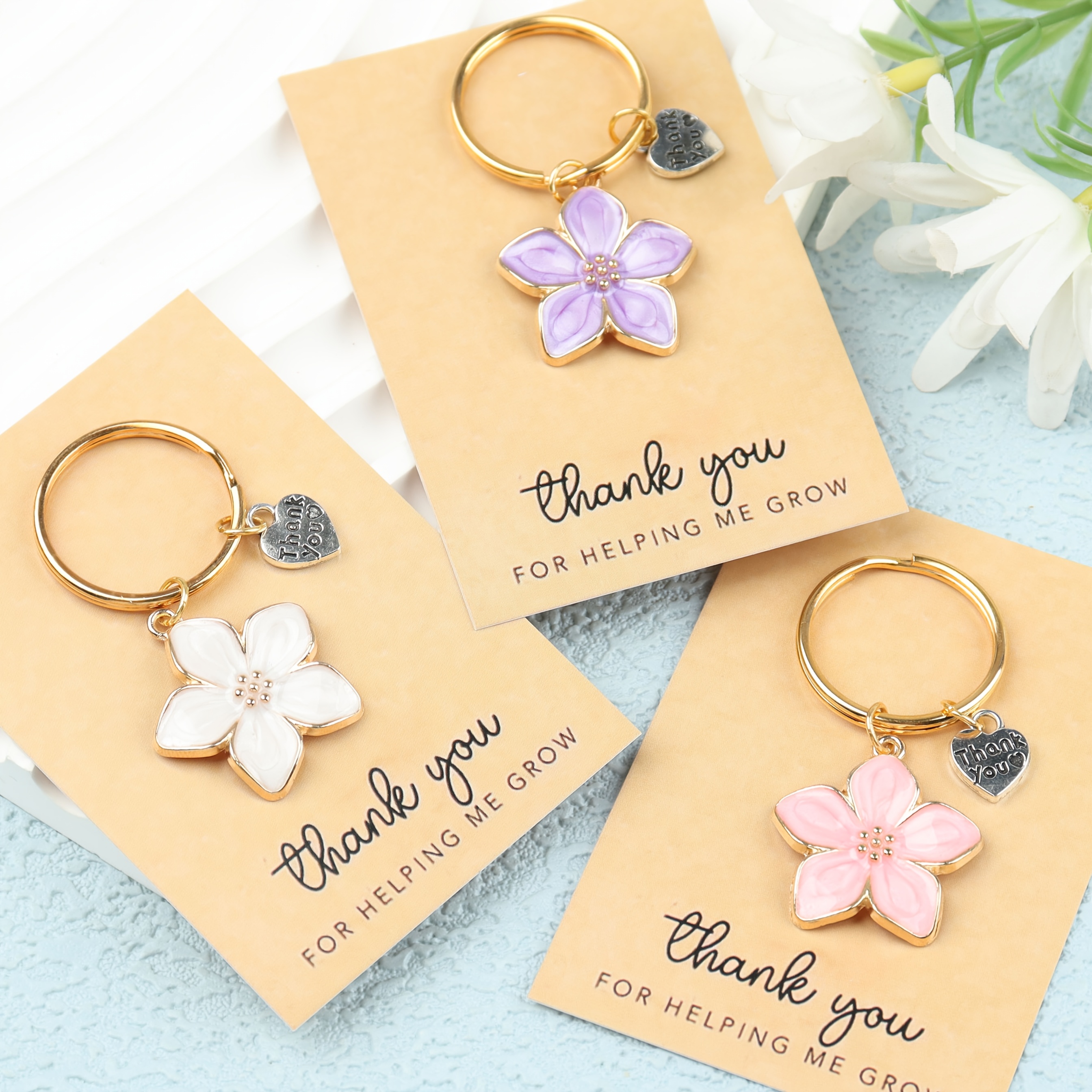 Image of 1pc/3pcs Romantic Flower Keychain With Thank You Card, Perfect For Family, Teachers, , And – Ideal For Birthdays, Thanksgiving, Back-to- Season