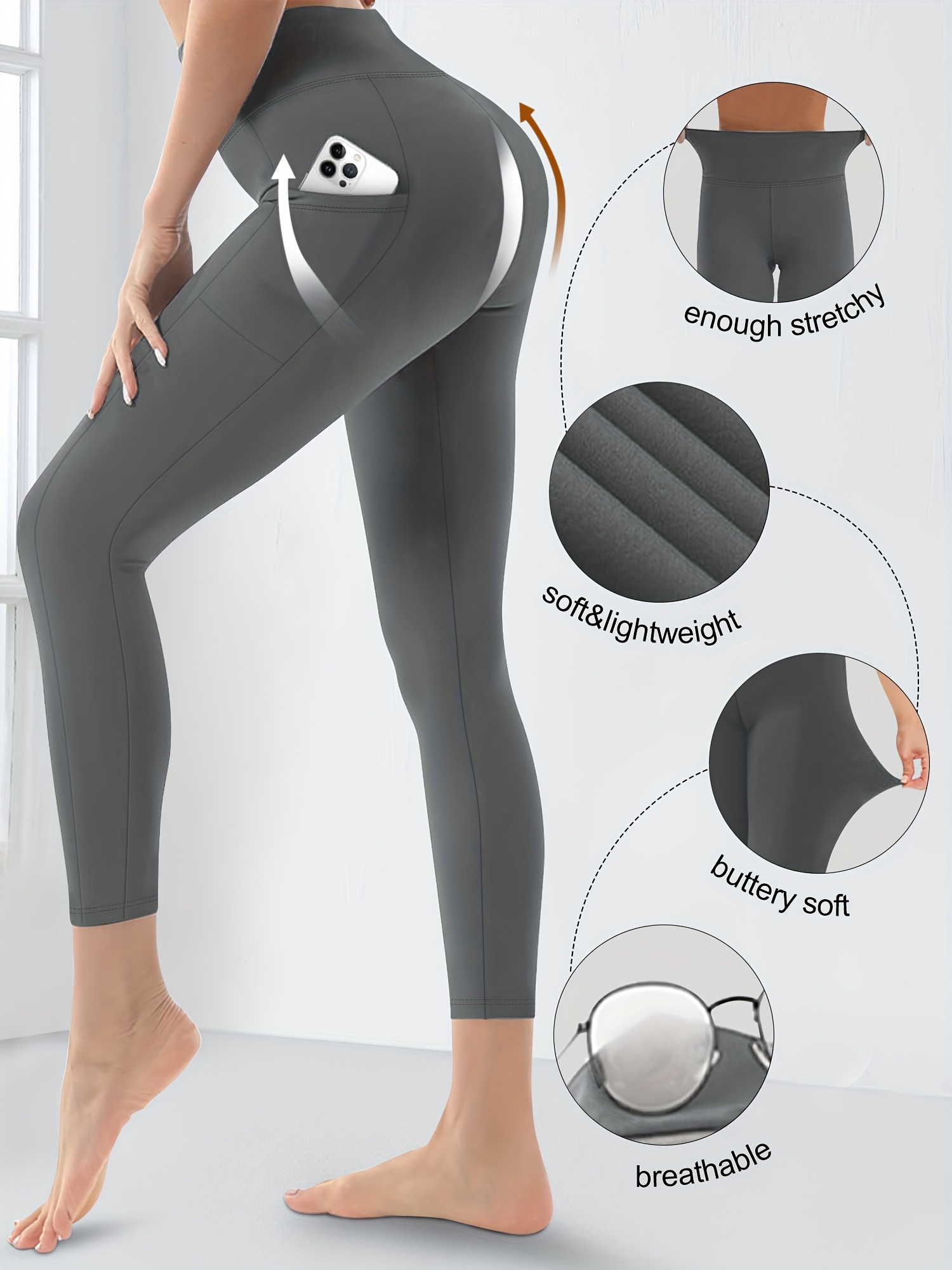 Plus Size High Waist Yoga Pants with Side Pockets - 88% Polyester 12% Elastane Stretchy Tummy Control Leggings, Sculpting Workout Gym Activewear for Women, All-Season Comfort (Machine Washable)