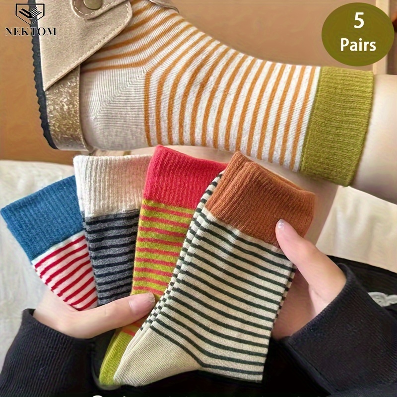 TEMU 5- Nektom Mid- Socks, Striped, Fashionable Comfortable, Polyester Blend , Wash Or , Knit , Socks