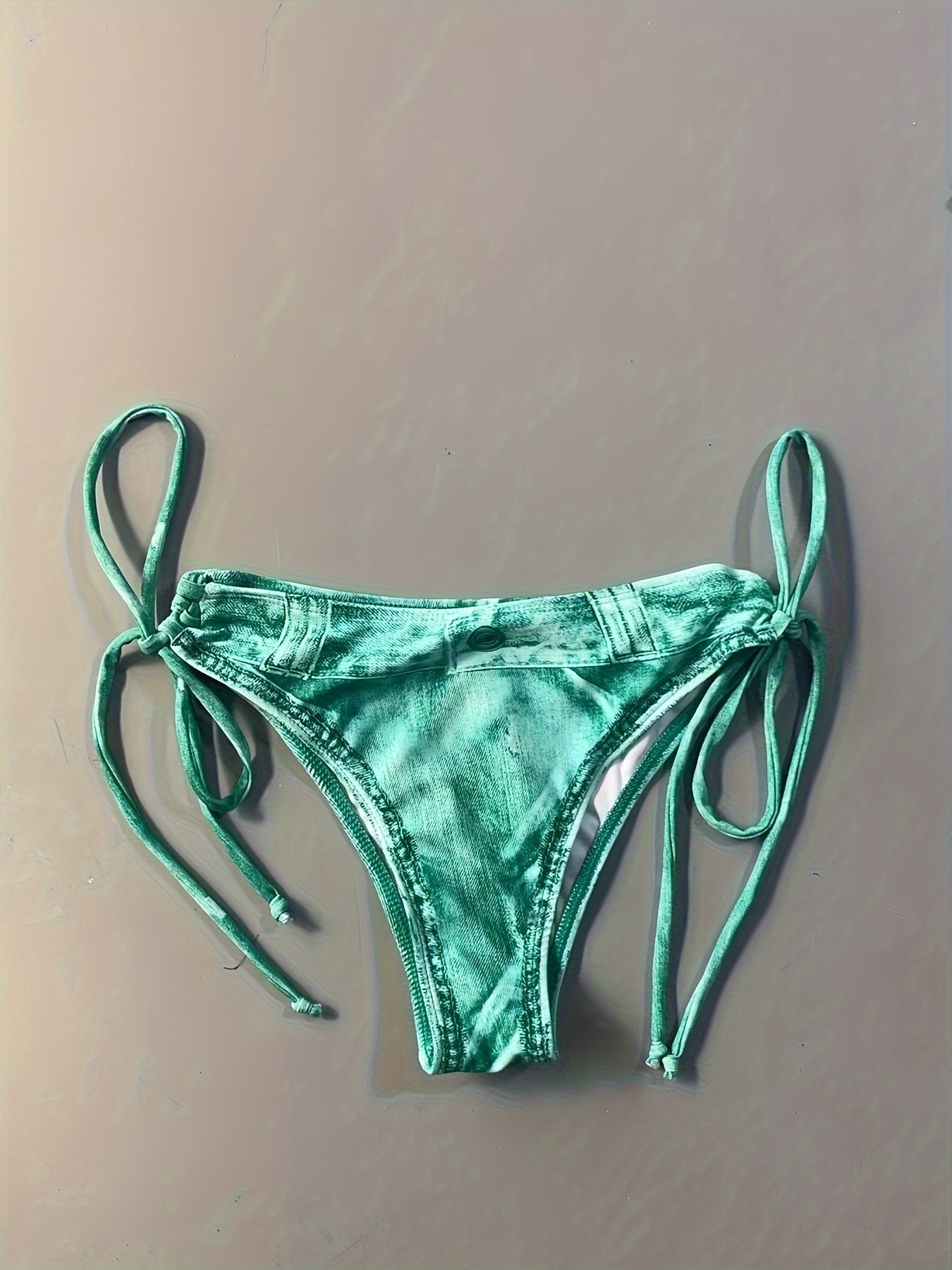 Faux Denim Print Triangle 2 Piece Set Bikini, Tie Strap Halter Backless Swimsuits, Women's Swimwear & Clothing