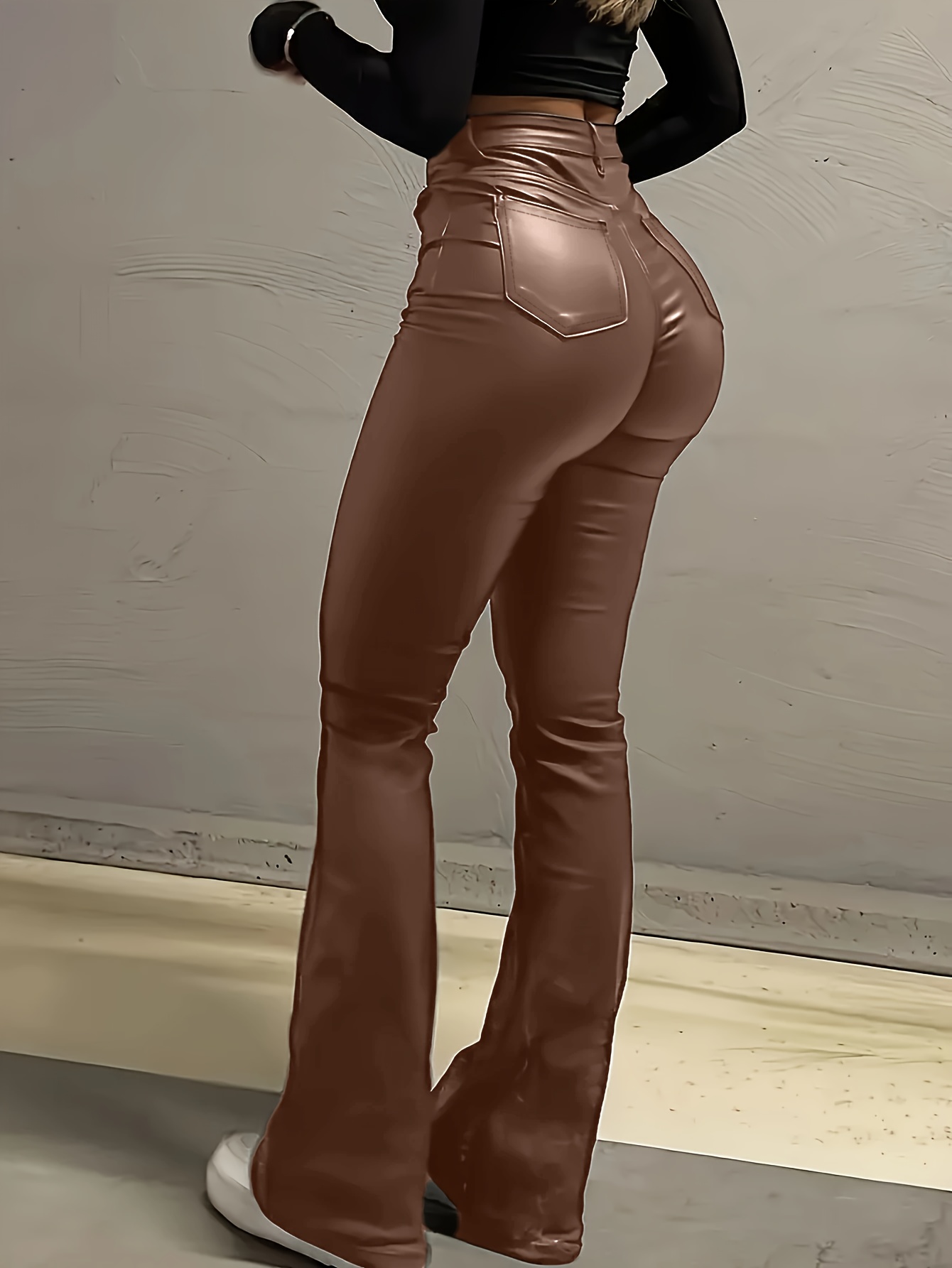 Elegant High-Waist Stretch Flare Jeans for Women - Comfort Fit with Pockets, Non-See-Through, Solid Color