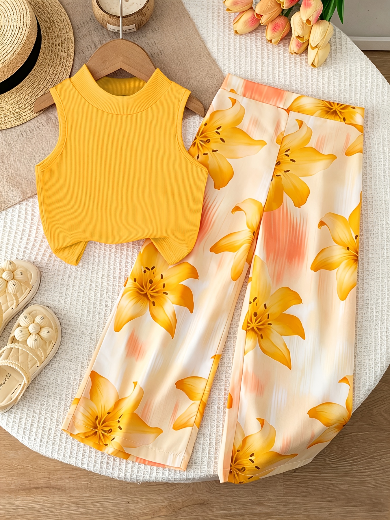 item picture girls set ribbed sleeveless vest and floral print wide leg pants 2pcs vacation casual outfit for outdoor