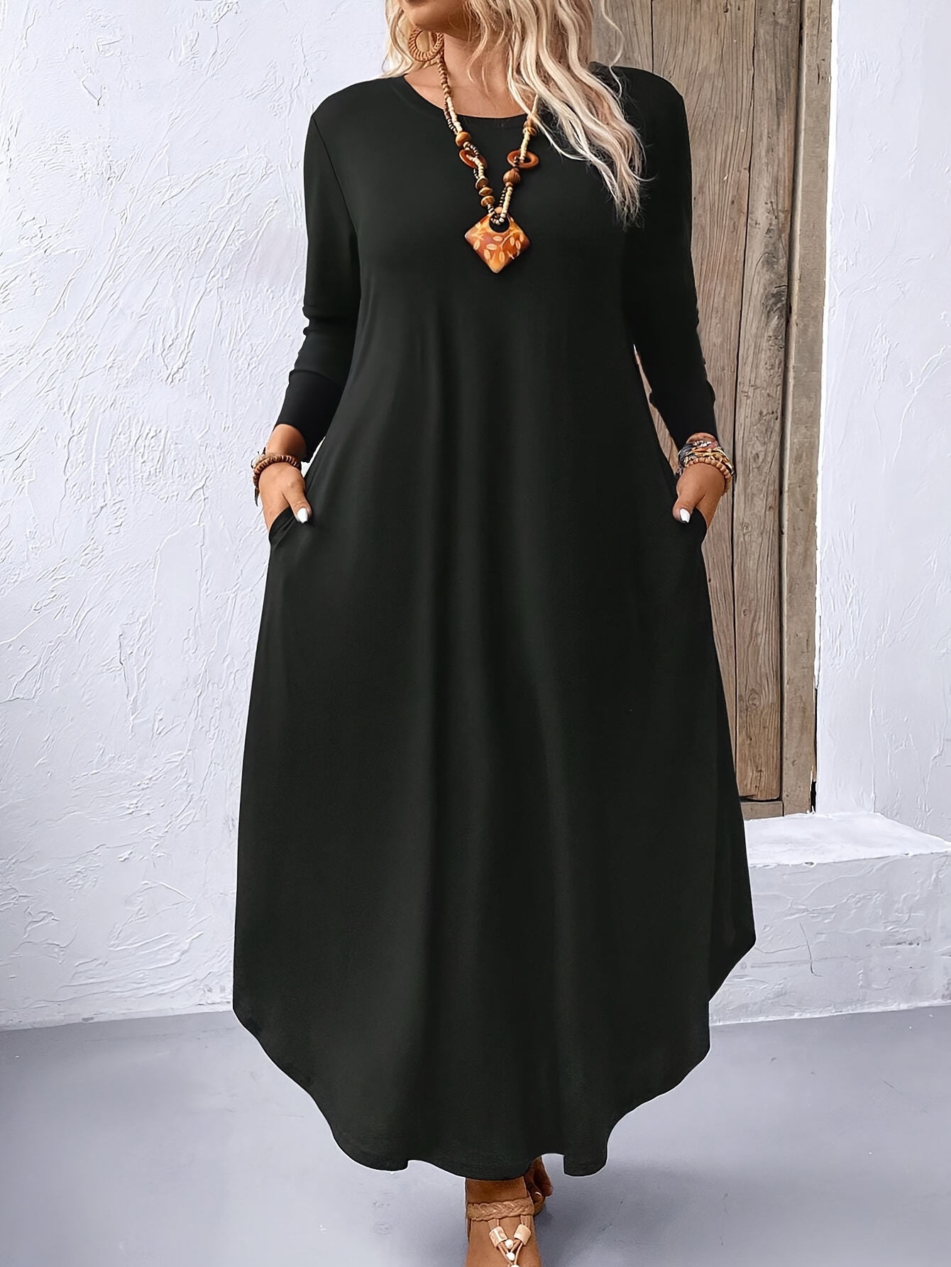 knee length dresses for ladies Modest Plus Size Maxi Dress with Long Puff Sleeves – Ever-Pretty Plus main image 0