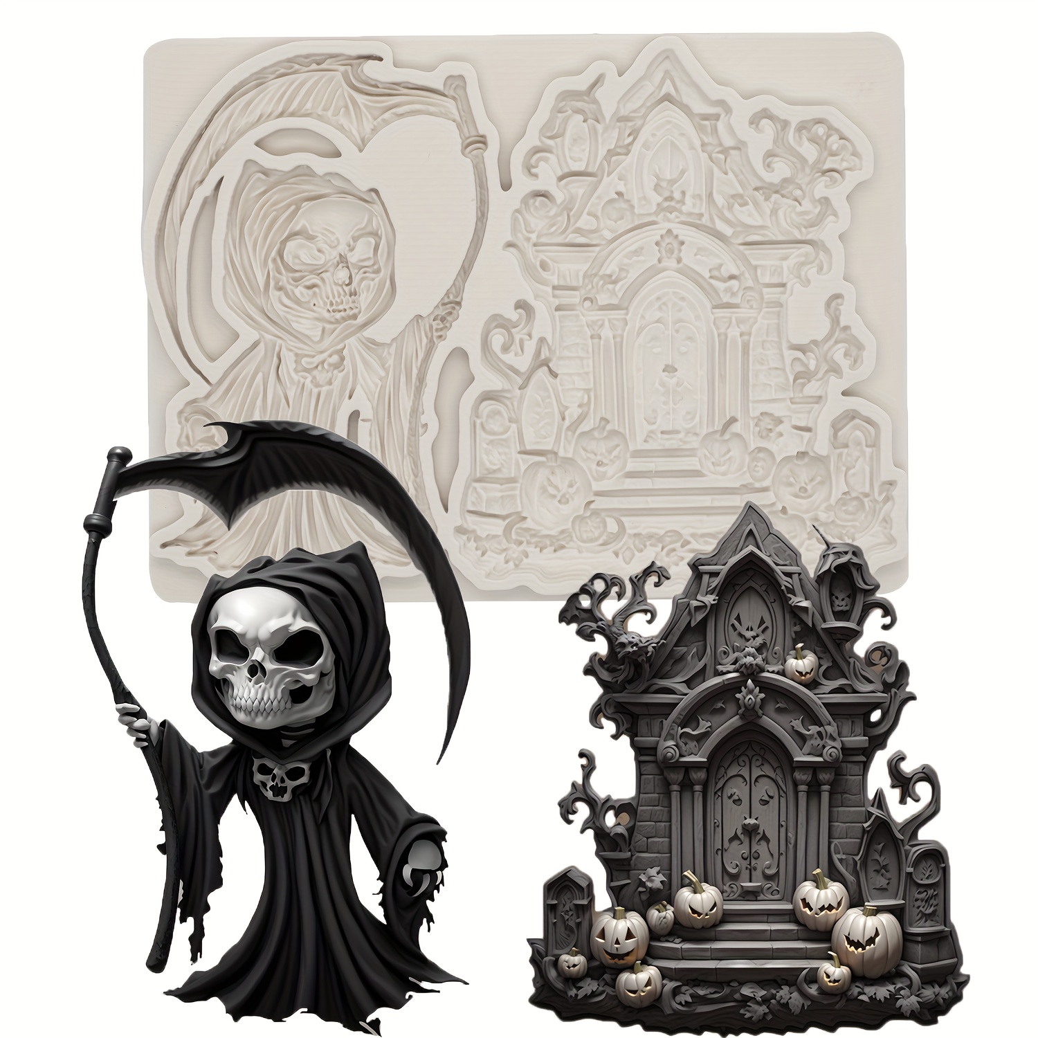 

Resin Silicone Molds By Seas Embroidery - Grim Reaper And Haunted House Sugarcraft Cake Decorating Tools For Plaster, Clay, And Diy Casting - Craft Supplies For Seasonal Decor And Crafting