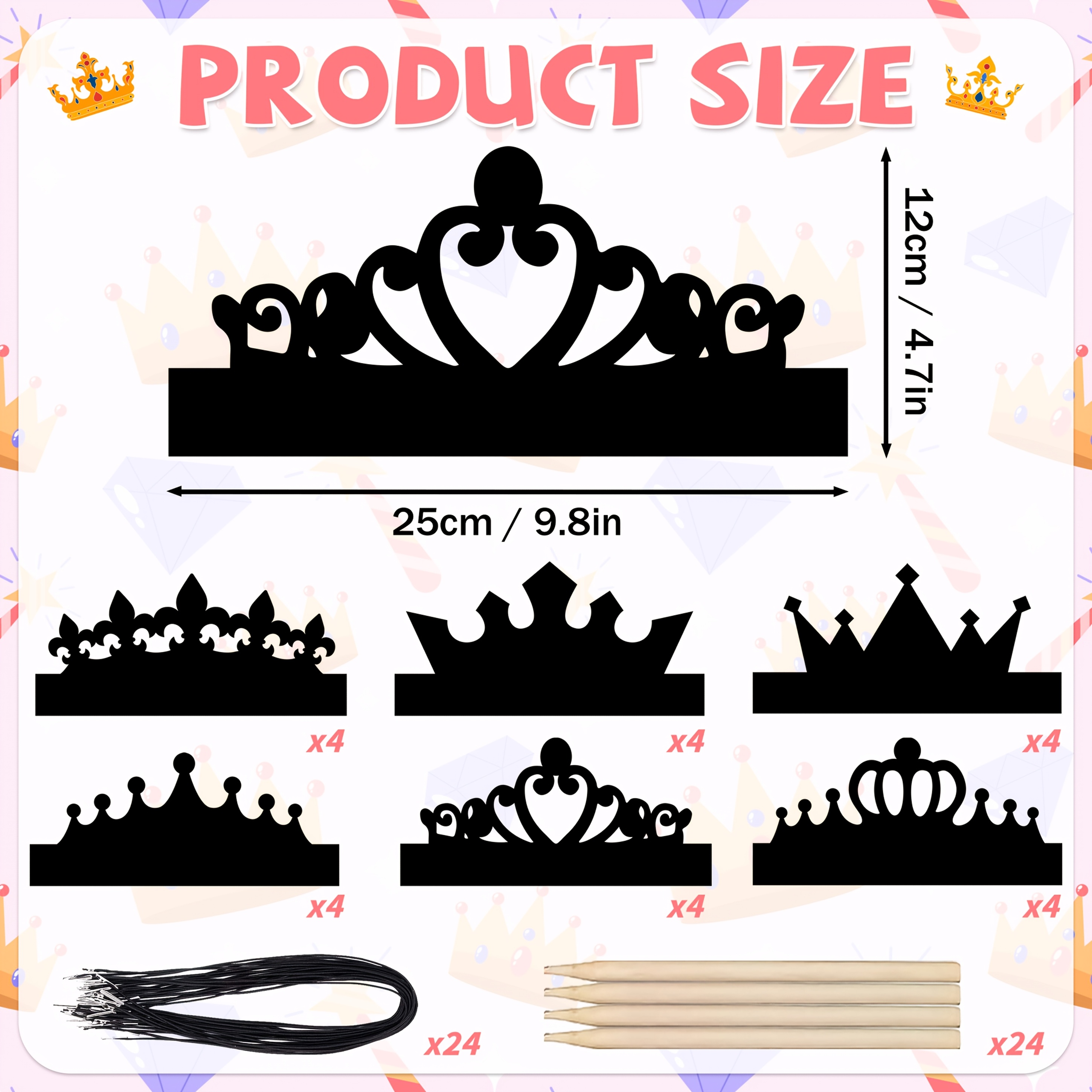 Image of 12/24pcs Paper Rainbow Crowns Scratch Art Cards Craft Set, King Or Queen Crowns Theme Birthday Party Activities Decor, 6 Styles Design