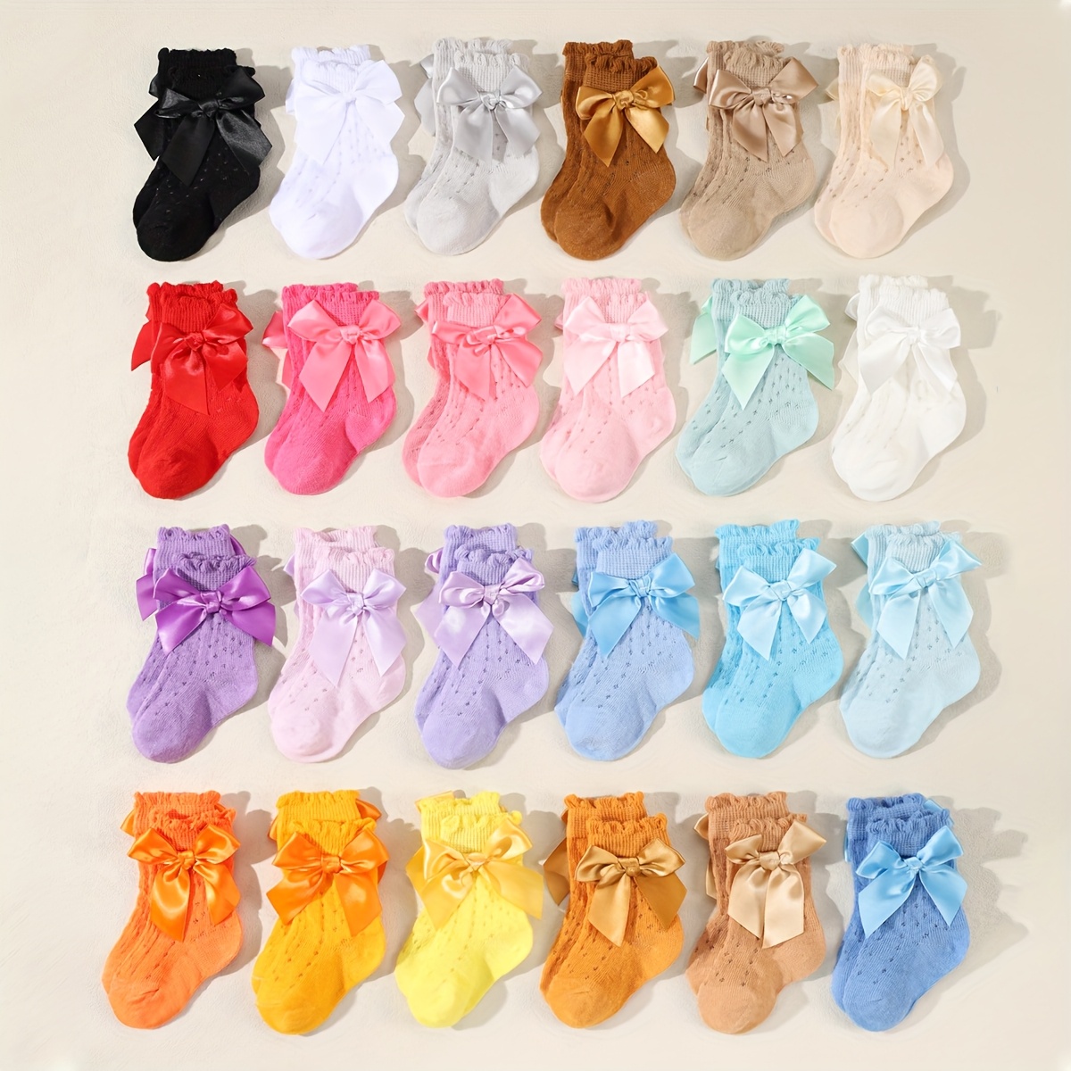 Image of Random 12 Pairs Girls' Solid Color Bow Detail Mid-calf Socks - Soft Polyester Assorted Vibrant Colors For Spring/fall Casual & Special Occasions, Babywear | Comfortable Babywear
