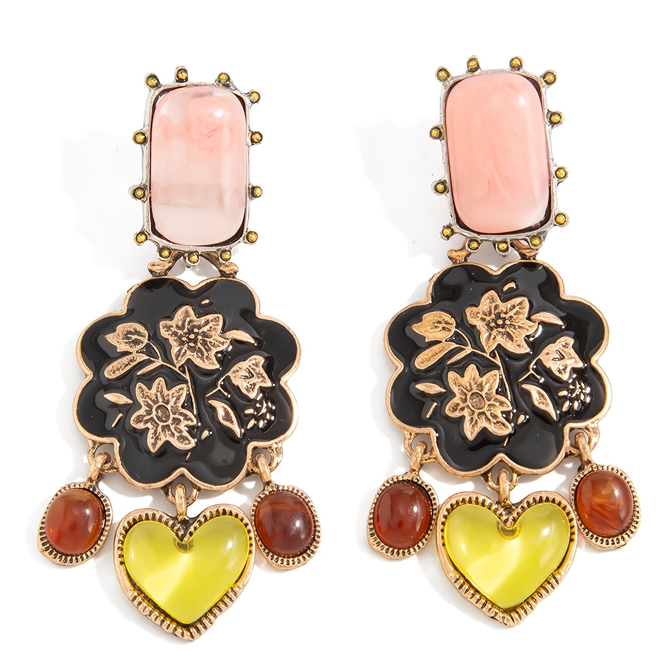 TEMU Floral Heart Pendant Earrings, Fashionable And Versatile Niche Tassel Stud Earrings, Vintage Light Luxury Ear Jewelry