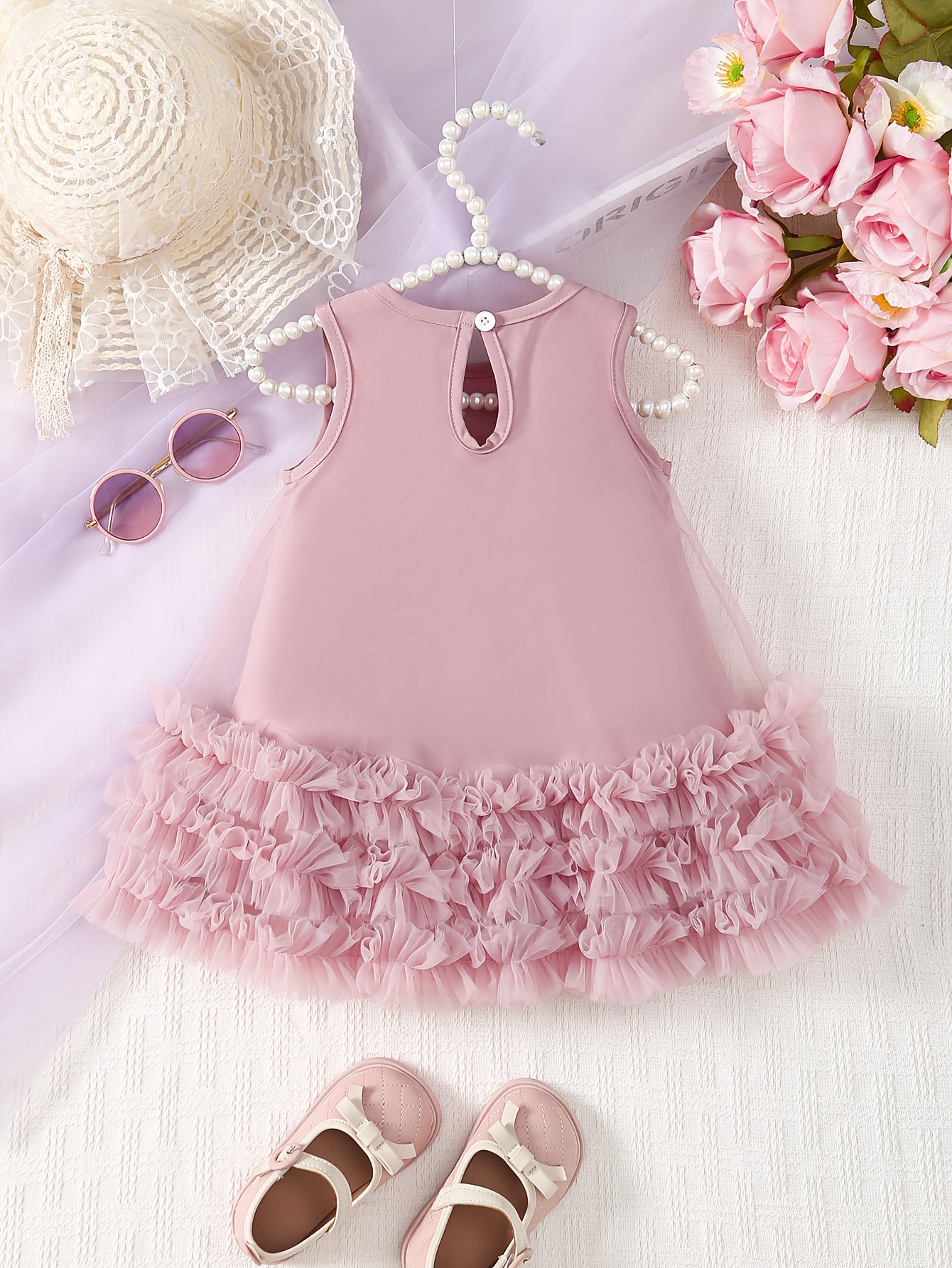 Girls' Light Pink Sleeveless Round Neck Tulle Dress with White Bow Detail -  Asymmetrical Hem * Lace Trim, Casual Outdoor Playwear for Spring/Fall, Baby  Girl Dress * Attire, Delicate Fabric