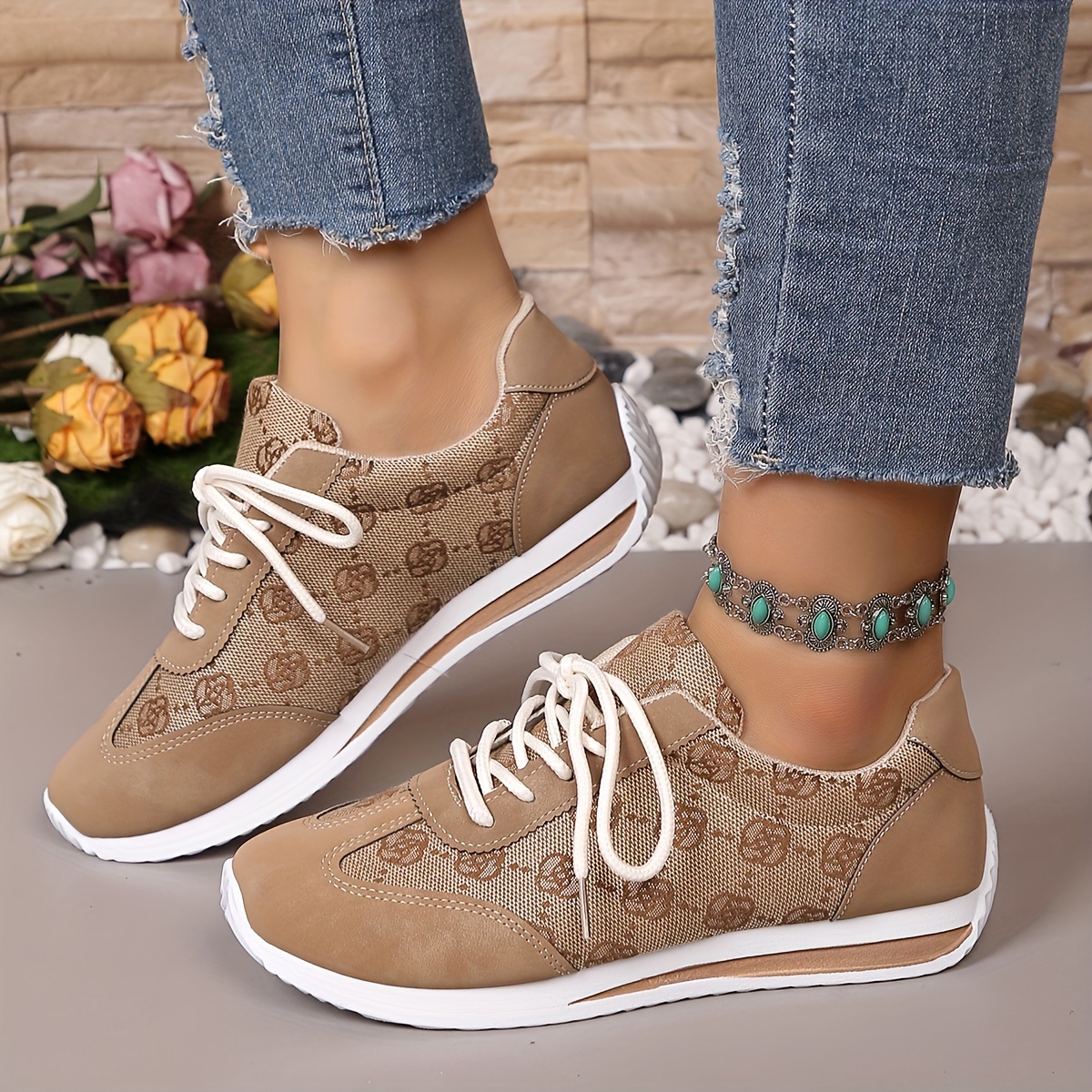 

Women's Floral Pattern Sports Shoes, Contrast Color Lace Up Low Top Trainers, Comfy Breathable Walking Sneakers