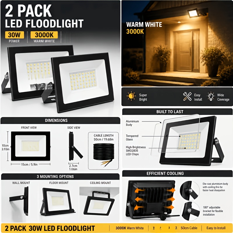Image of 2-pack Of 30w Led Floodlights, 3000k Warm White Light, , Wide-angle Garden Floodlights, Suitable For Driveway, Garage And Entrance Lighting.