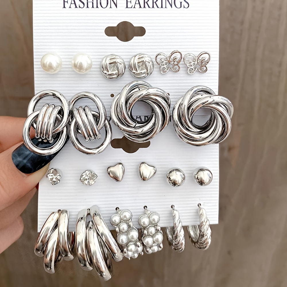 

Elegant & Punk-inspired Silvery Earrings Set - Retro Pearl, Geometric Snake Hoops With Accents, Stainless Steel Posts For Women - Parties & Vacations