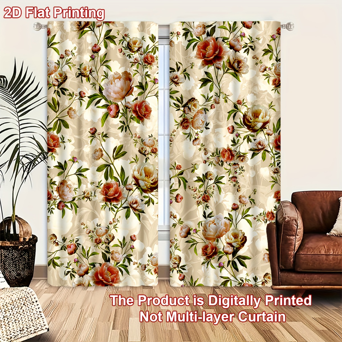 E-shop 2er-Set 2D Flachdruck-Vorhänge mit Blumenmuster, Cartoon-Vorhänge, Leicht und Atmungsaktiv, Bequem für Schlafzimmer, Modernes Büro, Stilvolle